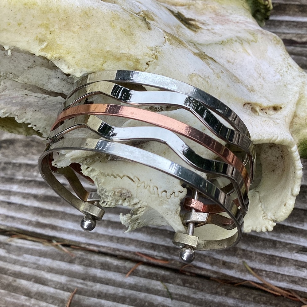 Five Strand Silver Metal & Copper Design Cuff Bracelet